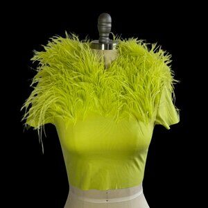 Sally LaPointe Lime Green Mock Neck Crop Spandex Baby Tee w Ostrich Feather XS/S
